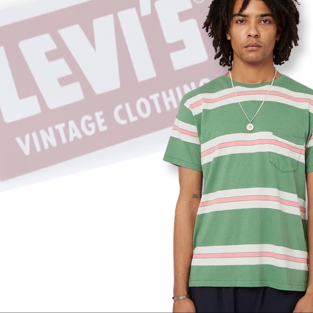 Levi’s Vintage Clothing 1940’s Split Hem Striped T-Shirt Pink/Green - Picture 15 of 16